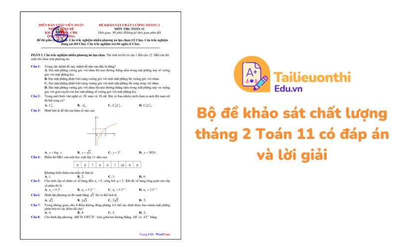 Bộ đề khảo sát chất lượng tháng 2 Toán 11 có đáp án và lời giải