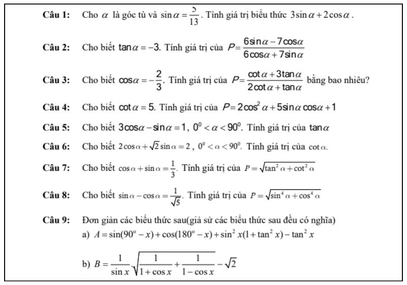 Bài tập Phần 1: Giá trị lượng giác của một góc từ 0 độ đến 180 độ Toán 10