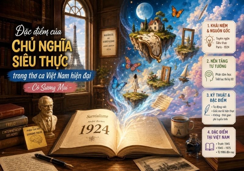 Hình minh họa chủ nghĩa siêu thực ra đời năm 1924 tại Paris, biểu thị sự chuyển dịch từ lý trí sang thế giới giấc mơ