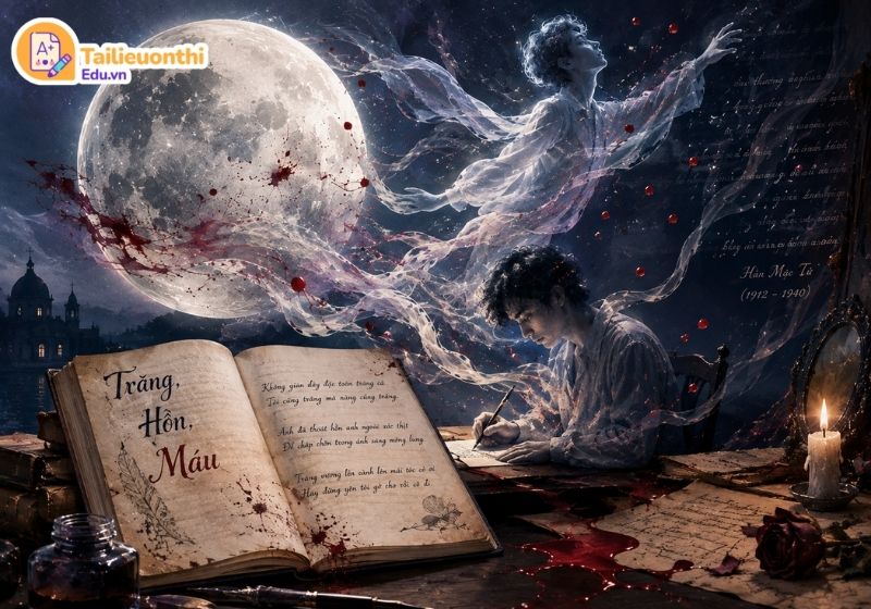Hình ảnh minh họa trực quan về các dạng đề tài phân tích thơ siêu thực của Hàn Mặc Tử: Trăng, Hồn và Máu